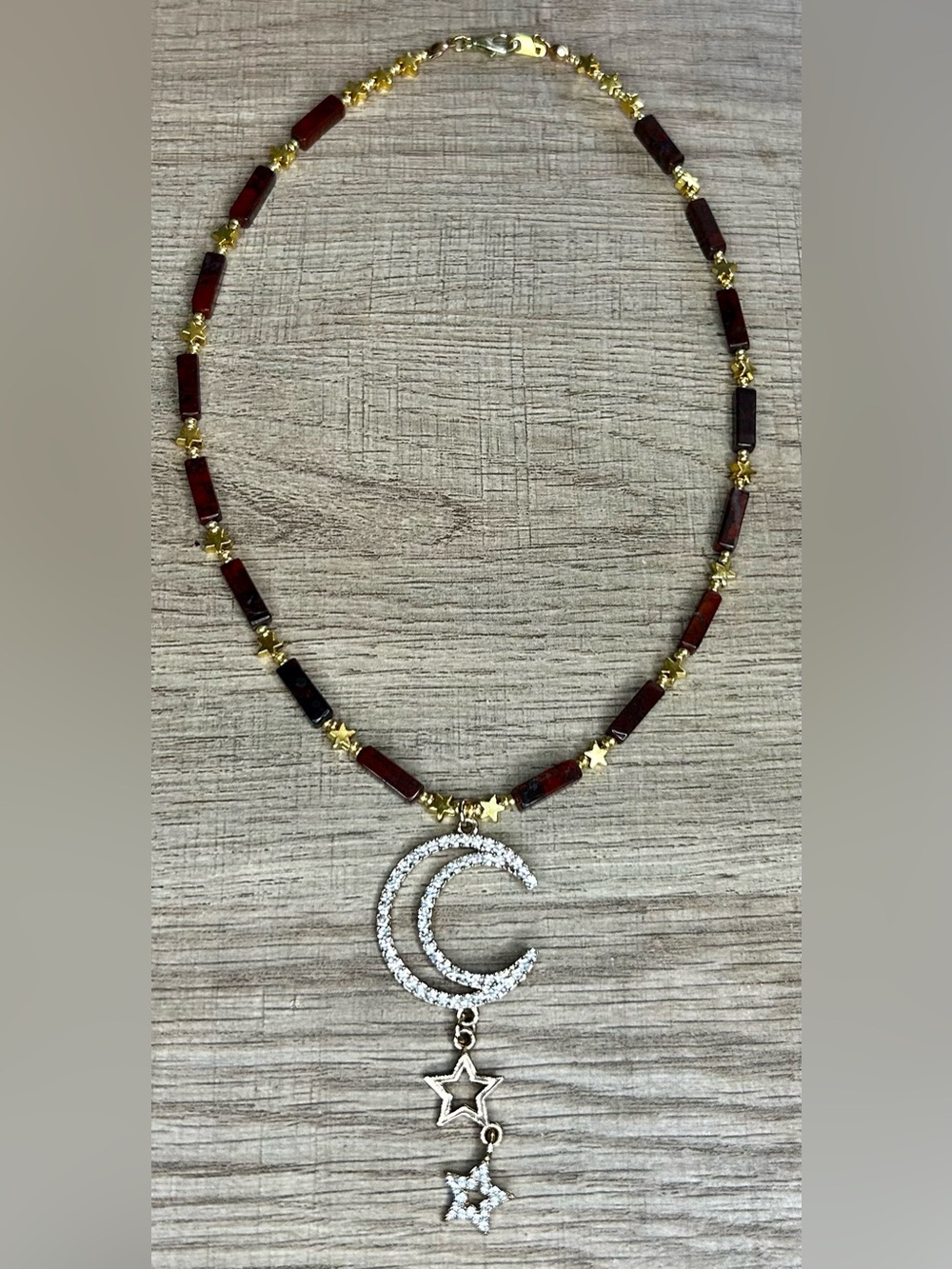 Red Bloodstone Jasper & Gold tone Star Beaded Crescent Moon Pendant Necklace